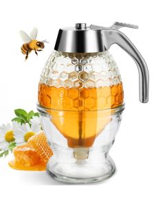 Timtopno Honey Dispenser Glass Honey Dispenser No Drip Honey Pot with Stand 8 oz Honey Jar Maple Syrup Honey Container Elegant Honeycomb Design for Home Decor for Any Occasion