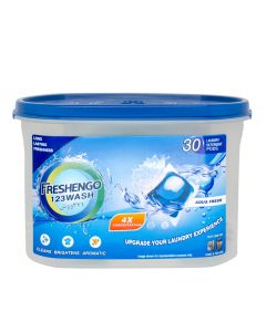 Freshengo 123Wash 3 Benefits in 1 Chamber Laundry Pods – 30 Units of Dissolvable Detergent Capsules with Enzymatic Wash for Stain Removal, Fabric Care & Long Lasting Fragrance (Pack of 30)