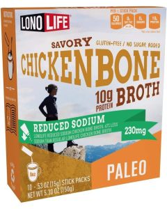 LonoLife Reduced Sodium Chicken Bone Broth Sticks - 10g Protein, Keto-Friendly, 10 Portable Servings