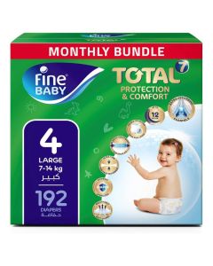 Fine Baby Total 7 Diapers, Size 4 Large (9-14 kg), 192 Count – Mega Pack, Soft, Absorbent & Leak Proof
