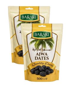 Barari Premium Ajwa Dates 500g Pack of 2 / Al Madinah Saudi Dates / Soft & Naturally Sweet / Healthy Snack / Resealable Pouch Bundle