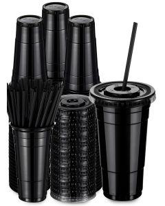 LemonRoad 50 Set 16 oz Black Party Cups with Lids and Straws, Disposable Black Plastic Heavy Duty Drinking Cups for Valentine Party Picnics Barbecues Christmas Wedding Birthday