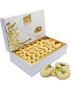 Abu Al Jedi 500g Arabic Cookies Ghriba – Traditional Middle Eastern Shortbread Biscuits – Ghuraibah & Ghuraiba Pistachio Cookies – Eid, Ramadan, and Festive Gift Box and Baklawa Sweets