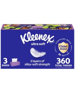 Kleenex Ultra Soft Facial Tissues 3 Flat Boxes 120 Tissues per Box 3Ply 360 Total Packaging May Vary