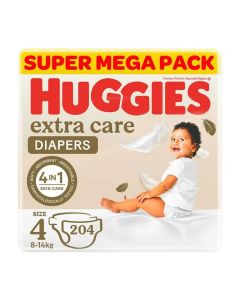 Huggies Extra Care Tape Stye Diapers, 204 Pieces Mega Pack, Size 4, 8-14kg - 12h Protection, Dermatologist Approved, Breathable