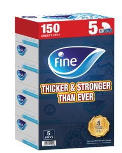Facial Tissue Boxes, 5 Box, 2 Ply x 150 Sheets White