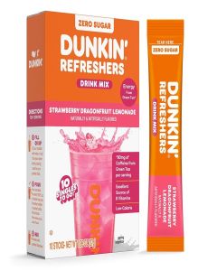 Dunkin’ Zero Sugar Refreshers Singles To Go! Powdered drink mix packets, Strawberry Dragonfruit Lemonade, 10 packets per box , Energy from Green Tea, aspartame-free, no synthetic colors, naturally and artificially flavored, just add water