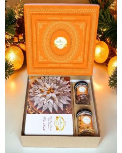 Ghasitaram Gifts Jaiccha Ghasitaram Orange Hamper Box with Kaju Katli , Choco Almonds, and Crunchy Cashews / Gift Hamper/ Diwali Gift Hamper/Food Hampers/Gourmet Hampers/