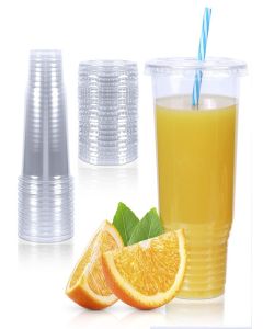 Upper Midland Products 32 OZ Cups and Lids, 50 Sets Large Plastic Disposable Clear Cups For Ice Coffee