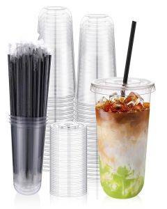 tchrules 50 Set 16oz Clear Plastic Cups with Lids & Straws, Disposable Iced Coffee Cup with Lid, Round Bottom To Go Cups for Cold Drinks Slushie Smoothie Lemonade Soda Bar Party Cafe Shop Supplies