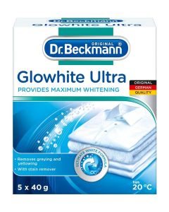Dr. Beckmann Glowhite Ultra Fabric Whitener with Stain Remover for Clothes 5x40g (200g) / Removes Grey Discoloration, Combats Yellowing, Getting White Laundry Whiter