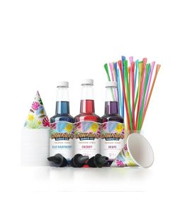 Hawaiian Shaved Ice Syrup Assortment with 3 16oz Bottles 25 Snow Cone Cups 25 Spoon Straws and 3 Pouring Spouts Flavors Cherry Blue Raspberry and Grape Allergyfriendly
