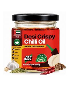 ASF Desi Crispy Chilli Oil / Conceptualized in the UAE / No Palm Oil,180gm / Garlic Chilli Oil for Dal, Eggs, Noodles & Rice / 100% Vegan / No Preservatives / / No added MSG