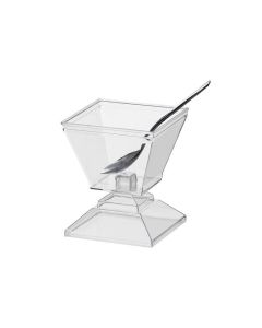 Party Essentials Plastic Disposable Appetizer Parfait Dessert Cups with Lids/Bases, 3.5 oz Square Bowl W/Silver Spoon, 20 Sets, Clear