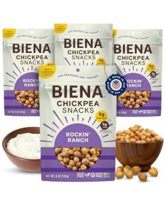 BIENA Chickpea Snacks Crunchy Roasted Chickpeas High Fiber Vegan Protein Snacks for Adults and Kids 4Pack 5 Ounce Bags Rockin Ranch