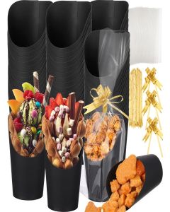 Sabary 100 Sets Disposable Charcuterie Cups, 14 oz Snack Cups with Clear Treat Bags + Wrapping Pull Bow (100) for Halloween, Mexican Festival, Mardi Gras, Mother's Day Party Favor(Black)