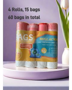 Garbage Bags Biodegradable Compact Roll white 45x50cm (15pc x 4Rolls) 60 bags, Drawstring garbage bag