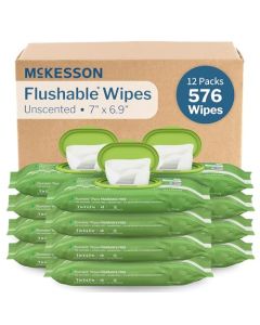 McKesson Flushable* Adult Wet Wipes â€“ 576 Wipes (12 Pack of 48) â€“ Aloe & Vitamin E, Plant-Based Cleansing Wipes, Unscented