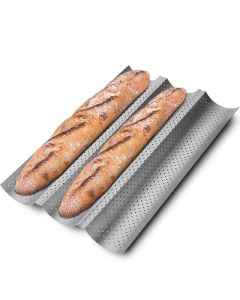 KITESSENSU Nonstick Baguette Pans for French Bread Baking Perforated 3 Loaves Baguettes Bakery Tray 15 x 9 Silver