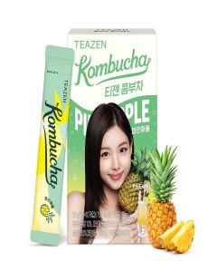 TEAZEN Kombucha Pineapple Powder Drink Mix, Sugar Free, Halal Certified, Non-Alcoholic, Low Calorie Probiotic Tea with Prebiotic Fiber, 10 Sachets (50g)