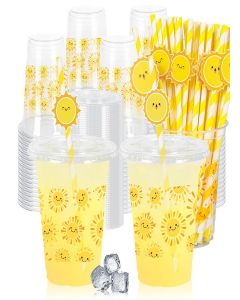 FYSUIMU 50Pcs 12Oz Smile Sunshine Plastic Cups with Lids & Straws First Trip Around The Sun Disposable Clear Drinking Cups for Summer Birthday Baby Shower Party Supplies