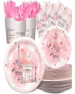 Paris Party Decorations Set - Chic Parisian Party Plates, Cups, Napkins, and Cutlery for a Magical Celebration - Elegant and Disposable Paris Party Supplies for Birthdays and Events