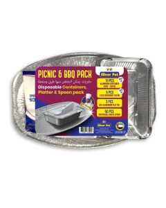 Picnic & BBQ Pack – Includes 10 Aluminum Containers with Lids (750ml), 5 Clear Containers (750ml), 3 Platters, and 50 Spoons – BPA-Free, Perfect for Outdoor Events