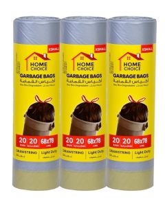 20 Gallons, Pack of 60 Drawstring Trash Bags (20 Trash Bags X 3 Rolls), Drawstring Garbage Bags Rolls, Bio-Degradable, Size 78 x 68 cm, Bin Liners with Ribbon Neck Tie