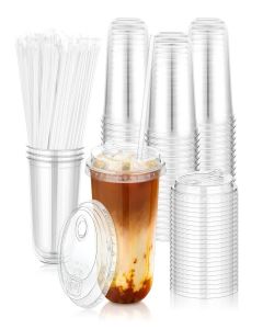 KesaPlan 50 Pack 16oz Clear Plastic Cups with Sip Lids & Straws，Disposable Elevated Dual-hole Lid Round Bottom To Go Cup for Iced Coffee Cold Beverage Juice Smoothie Lemonade Party Catering Supplies