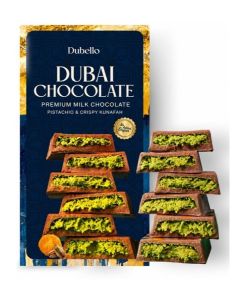 DUBELLO Dubai Chocolate – Premium Milk Chocolate with Pistachio Cream & Crispy Kunafa – No Added Sugar – Luxury Middle Eastern Style Chocolate Bar – Gourmet Gift - 100g