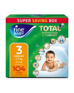 Fine Baby Total 7 Diapers, Size 3 Medium (4-9 kg), 104 Count – Soft, Absorbent & Leak Proof Baby Diapers