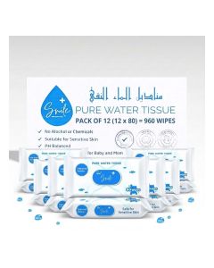 SmilPlus Pure Water Baby Wipes 80 Sheets x 12 Packs Family Value Pack / 99% Pure Water Wet Wipes for Babies / Gentle, Soft & Sensitive Skin Wipes / Alcohol Free, Fragrance Free, Hypoallergenic Baby Care Essentials