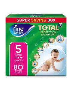 Fine Baby Total 7 Diapers, Size 5 Maxi (11-18kg), 80 Count – Soft, Absorbent & Leak Proof Baby Diapers