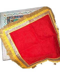 Mandir Temple Aasan or Chowki Aaasan is Made on Soft Velvet Cloth with Frill Golden Border Manufactured in mathura Sold by Garvita Puja Samagri One Aasan Size 15 X 15
