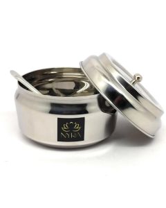 NYRA Stainless Steel Ghee Pot with Spoon and Lid Storage Ghee Dani for Puja Pickle Container 150 ML Round 1