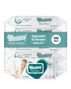 Moonwisp Baby Wipes – 400 Wipes [Upgraded XL Version], Thicker Premium Water-Based Wet Wipes, Unscented, Alcohol-Free, Ultra-Soft for Baby & All-Purpose Cleaning (Pack of 5)
