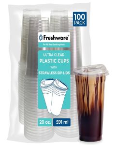 Freshware Clear Plastic Cups with Strawless Sip Lids [100 Cups - 20 oz] Disposable Tumblers for Iced Coffee, Smoothie, Milkshake, Cold Drinks
