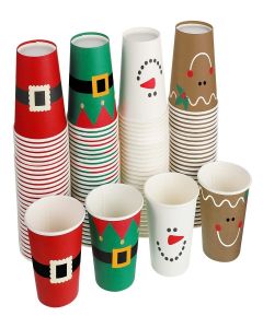 Funtery 100 Pieces Christmas Paper Cups Xmas Disposable Coffee Cups Snowflake Santa Snowman Elk Lights Christmas 9 Ounce Drinking Tea Paper for Daily Use Holiday (Bright Style)