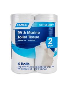 Camco Marine RV Toilet Paper 2Ply Septic Safe Dissolves Fast Dye Fragrance Free 4Rolls 500 Sheets Per Roll 40274