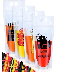 Tinlade 20 Pcs Movie Night Decorations Drink Pouch Cups Clear Zipper Bags with 20 Straws, 17 oz Plastic Drink Pouches Reusable Movie Cups for Party Supplies Birthday Gift