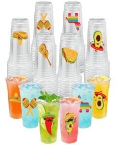 50 Pcs Mexican Fiesta Plastic Cups 16 oz Mexican Party Cups Cinco De Mayo Disposable Cup Clear Drinking Cup Bulk for Taco Birthday Hispanic Heritage Month Party Supplies
