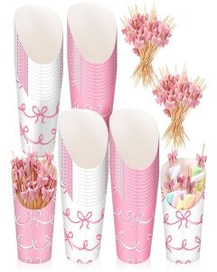 Reallnaive 250 Pcs Pink Bow Charcuterie Cups with Picks Set 50 Pcs 16oz French Fries Cups 200 Cocktail Picks Disposable Snack Containers Fruit Sticks Bachelorette Party Supplies Birthday Party Decor