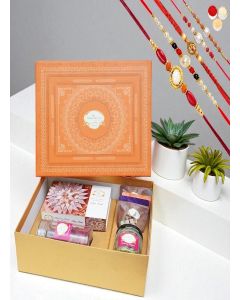 Ghasitaram Gifts Jaiccha Rakhi for Brother - Orange Hamper Box of Kaju Katlis, Namkeen and Dryfruit- Ohb-3 with 5 Rakhi