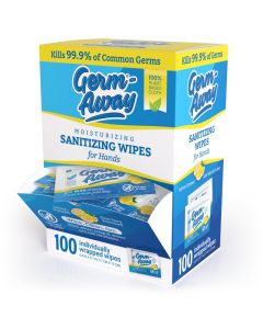 GermAway Large Antibacterial Hand Wipes Individually Wrapped Wipes Travel Size Hand Sanitzer Wipes with Aloe in Dispenser Box 100 ct Lemon Scent 100 wipes Pack of 1