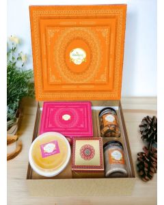 Ghasitaram Gifts Jaiccha Holi Sweets/Holi Hampers/Thandai Ghasitaram Orange Hamper Box with Gujiyas, Thandai, Bhakarwadi, and Ghevar/Gift Hamper/ Diwali Gift Hamper/Food Hampers/Gourmet Hampers/