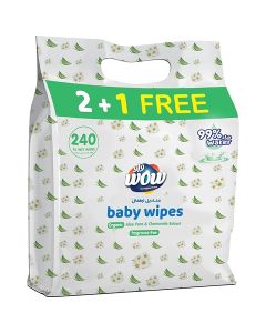 WOW Baby Wipes - Fragrance Free 99% Water Wipes / Extra Thick Long Wipes with Organic Aloe Vera, Chamomile Extract and Vitamin E, Gentle on sensitive skin/ 80's (2 + 1) value pack / 240 Wipes