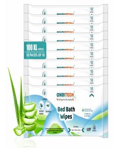 AmbiTech Soft Body Cleansing Wet Bed Bath Wipes for Adults / Body Sponging / Extra Large, 10 Wipes/Pack (Pack of 10), 100 Wipes, White,