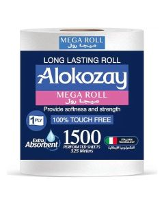 Alokozay Long Lasting Soft And Strong Mega Roll 100percent Touch Free, 1500 Perforated Sheets- 325mtr