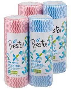 Amazon Brand - Presto! Non-Woven Kitchen Towel Roll / 320 Pulls / 80 Pulls x 4 Rolls / Blue & Red Kitchen Cloth / Food Safe / Lint-free and Residue-Free / Washable and Reusable / Highly Absorbent