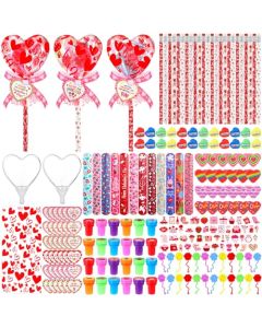Soulchen 24 Set Valentines Day HeartShaped Giant Lollipop Gift Kit Bulk Party Favor and Exchange Supplies with Cards Stickers Pencils Erasers Rulers Stamps Ribbon and Cellophane Bags